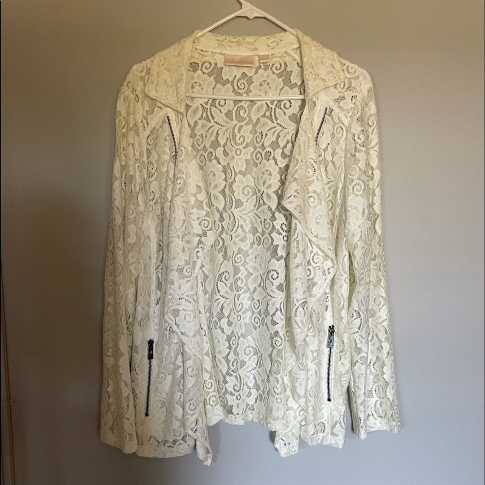 Belle by Kim Gravel White Crochet Cardigan Sweater with Zipper Lace